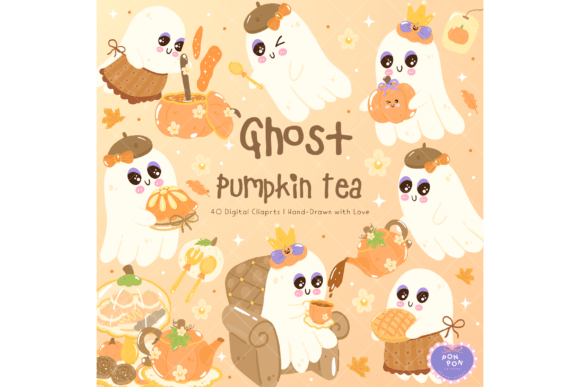 Charming Spooky: The Ghost Pumpkin Tea Clipart Set Halloween