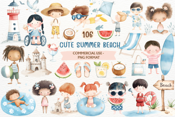 Charming Summer Vibes: Watercolor Beach Clipart for Your Projects