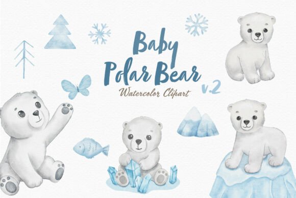 Charming Watercolor Clipart: Cute Baby Polar Bear Designs