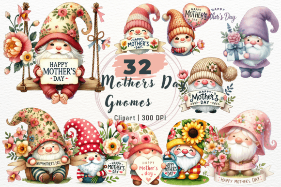 Charming Watercolor Mothers Day Gnomes Clipart