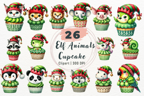 Elf Animals Christmas Cupcake Clipart for Festive Designs