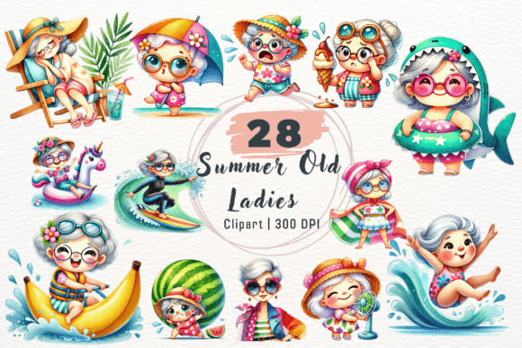 Watercolor Summer Old Ladies Clipart: Charming Beachy Designs