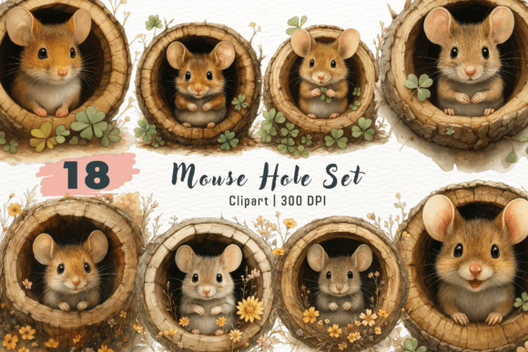 Whimsical Watercolor Clipart: Mice, Holes, and Cottagecore Magic